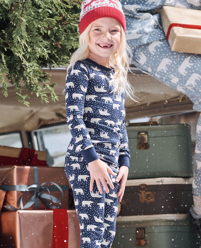 Kids Holiday Long John Pajama Set in HannaSoft™ in Snowy Polar Bear on Navy - main