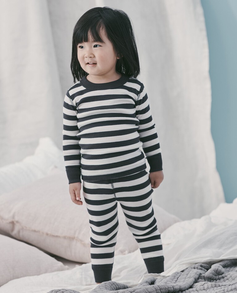 Kids Striped Long John Pajama Set in Soft Black / Ecru - main