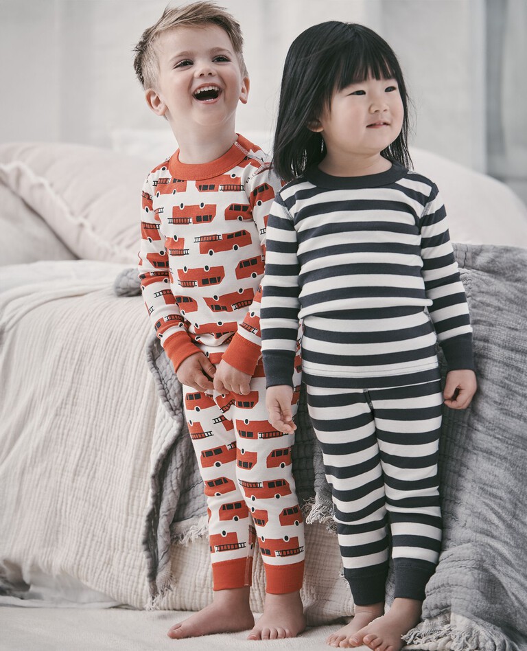 Kids Striped Long John Pajama Set in Soft Black / Ecru - main