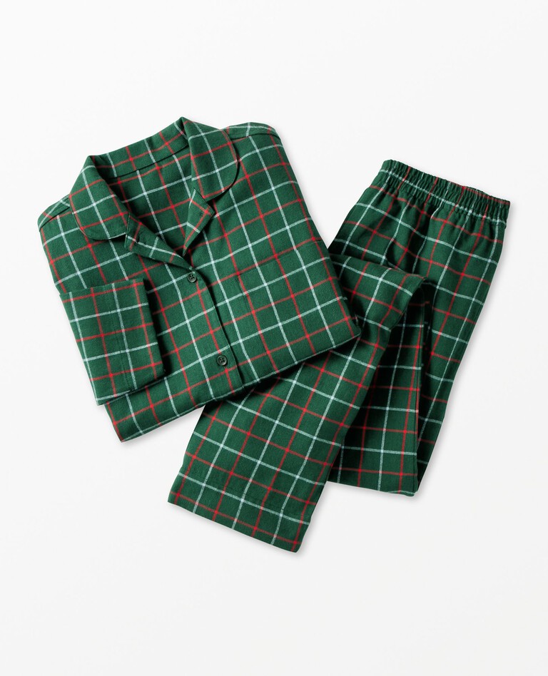 Women's Holiday Flannel Pajama Set in Green Windowpane Plaid - main