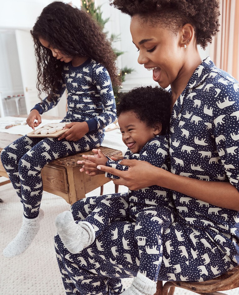 Kids Holiday Long John Pajama Set in HannaSoft™ in Snowy Polar Bear on Navy - main