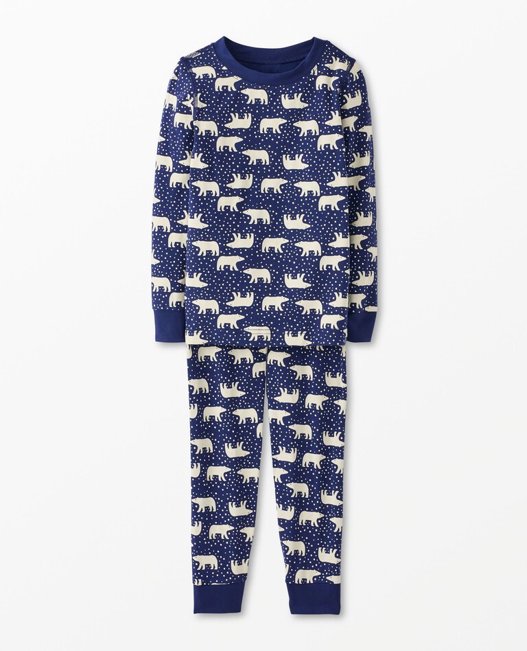 Kids Holiday Long John Pajama Set in HannaSoft™ in Snowy Polar Bear on Navy - main