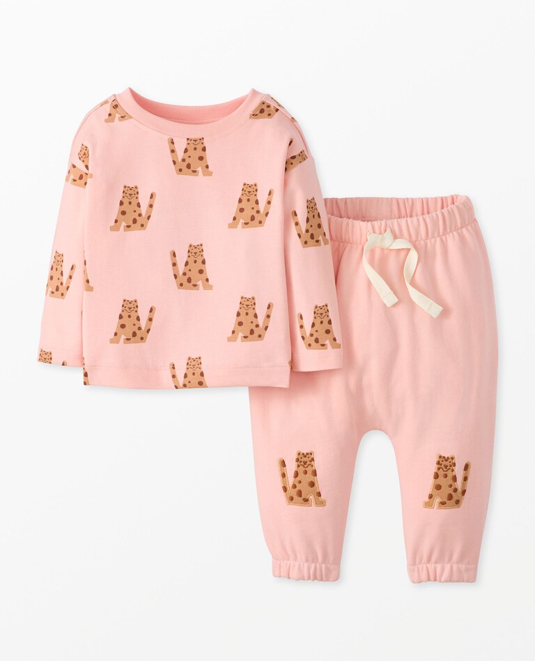 Baby Long Sleeve T-Shirt & French Terry Pants Set in Leopards on Pink - main