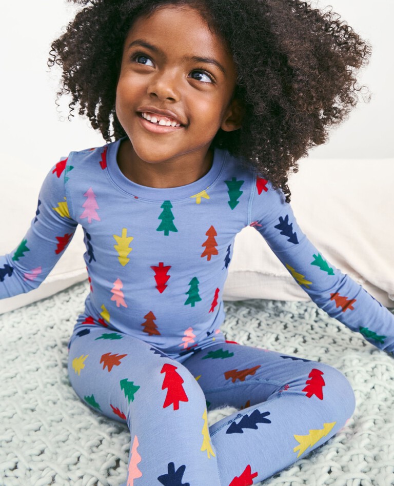 Kids Holiday Long John Pajama Set in HannaSoft™ in Festive Forest on Slate Blue - main