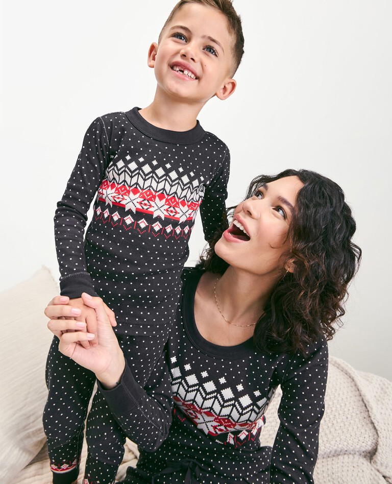 Kids Holiday Long John Pajama Set in Black Fairisle - main