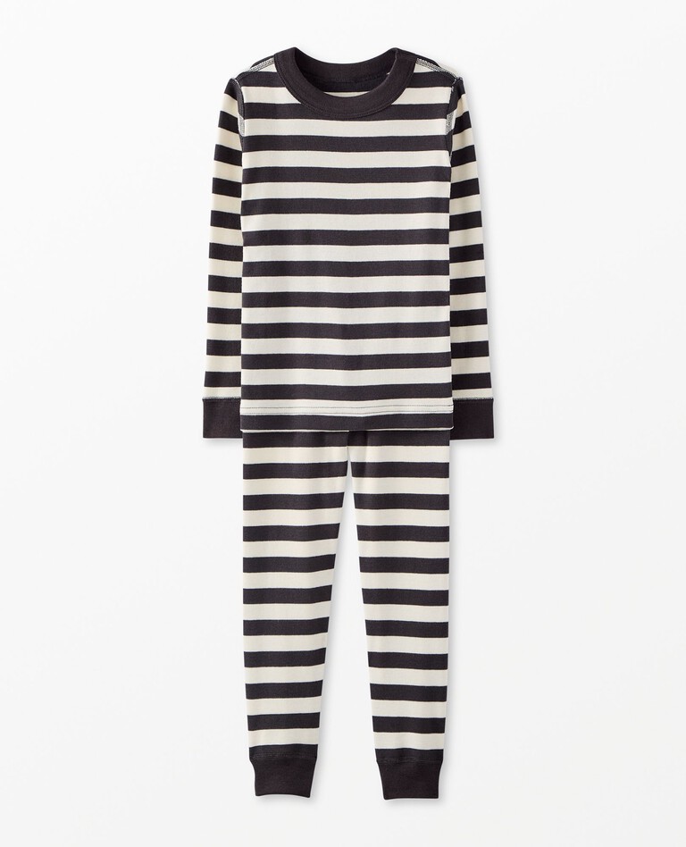 Kids Striped Long John Pajama Set in Soft Black / Ecru - main