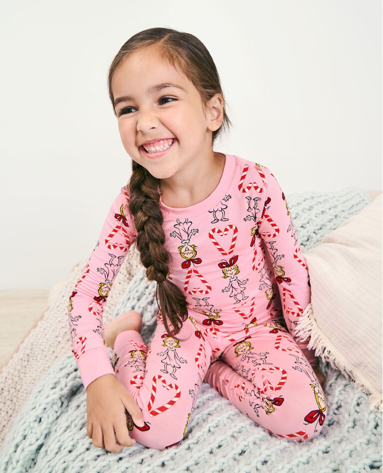 Kids Dr. Seuss Grinch Long John Pajama Set in HannaSoft™ in Cindy Candy Cane Pink - main