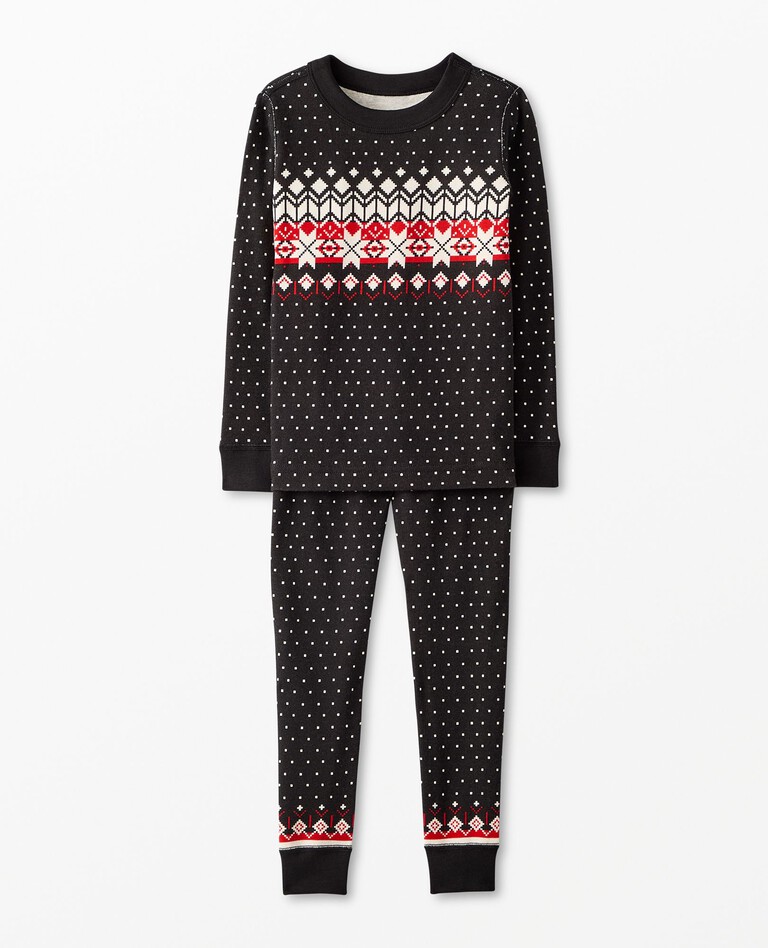 Kids Holiday Long John Pajama Set in Black Fairisle - main