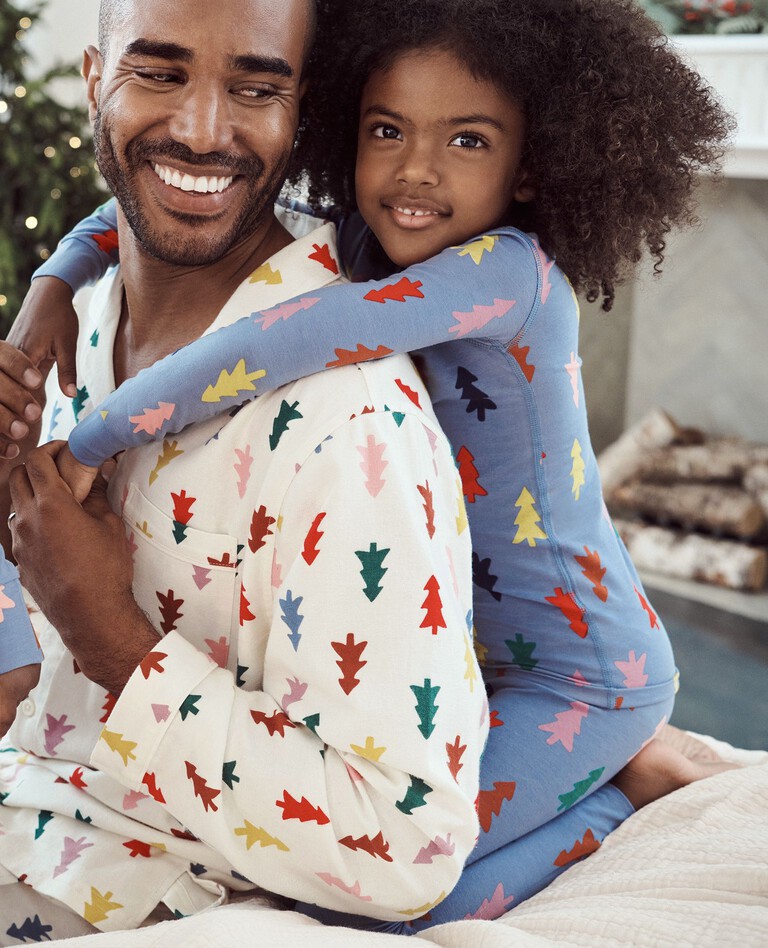 Kids Holiday Long John Pajama Set in HannaSoft™ in Festive Forest on Slate Blue - main