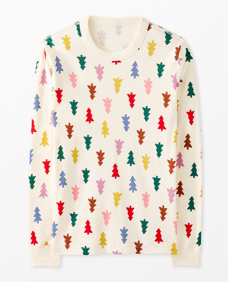 Adult Holiday Long John Pajama Top in Festive Forest on Ecru - main