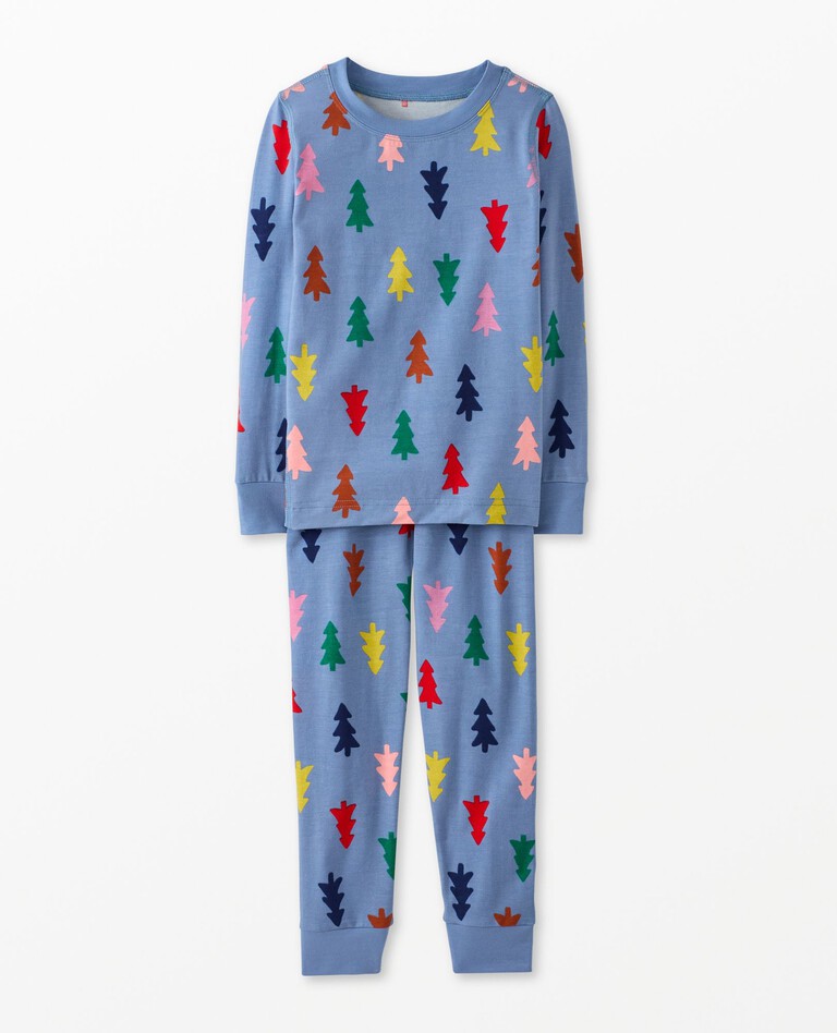 Kids Holiday Long John Pajama Set in HannaSoft™ in Festive Forest on Slate Blue - main